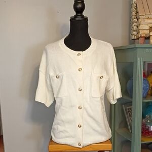 White Short Sleeve Cardigan with Rose Gold Buttons NWT m